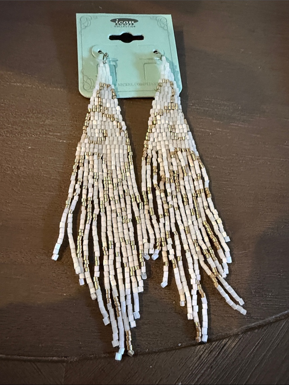 ICCOLLECTION White and Gold Beaded Fringe Earrings